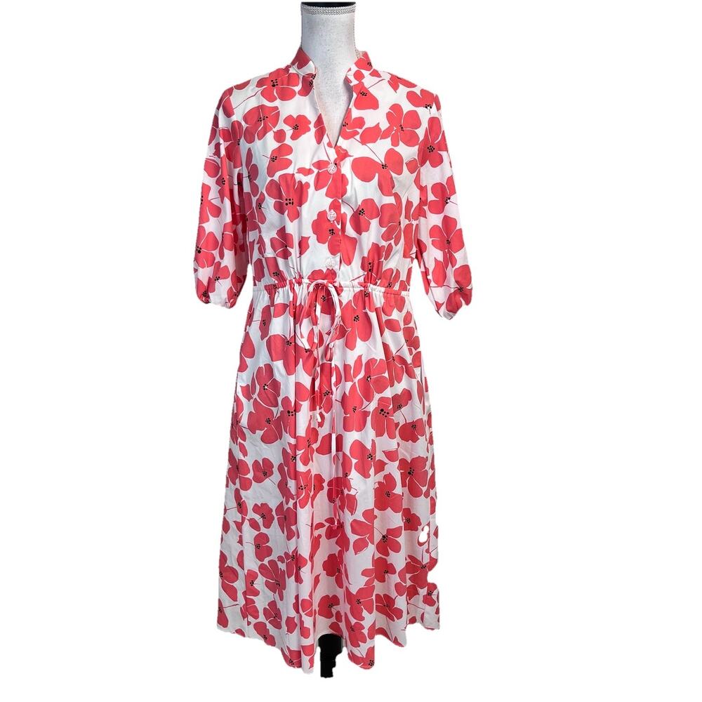 Studio One New York Dress size 8 Coral White Pansies Floral Stretch Midi Modest